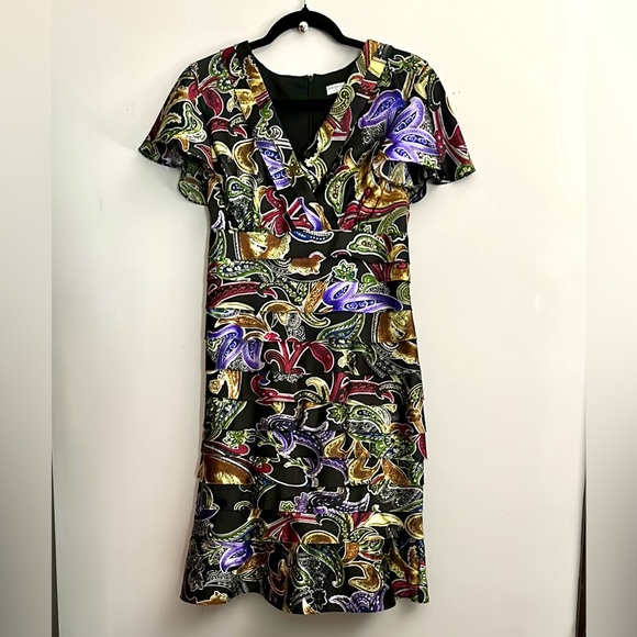 Peter Nygard Dresses & Skirts - Peter Nygard Dress Paisley Print on Black, Faux Wrap Bodice V-Neck Dress, 12